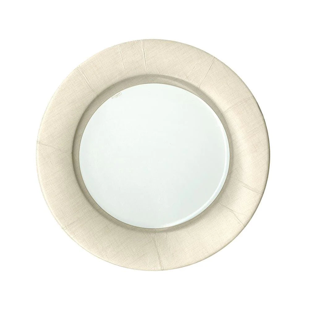 Round wall mirror with a wide, beige fabric frame, photographed on white—perfect for pairing with Caspari’s Linen Natural Paper Plate Collection at your next gathering.