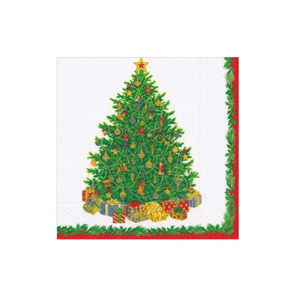 The Christmas Tree Collection by Caspari features a decorated tree with a star, surrounded by gifts on a white background with a green and red border, highlighting Caspari’s signature holiday design.