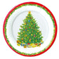 The Caspari Christmas Tree Collection features decorative paper plates with a festive tree, ornaments, gifts, holly border, and red rim—perfect for stylish holiday entertaining.