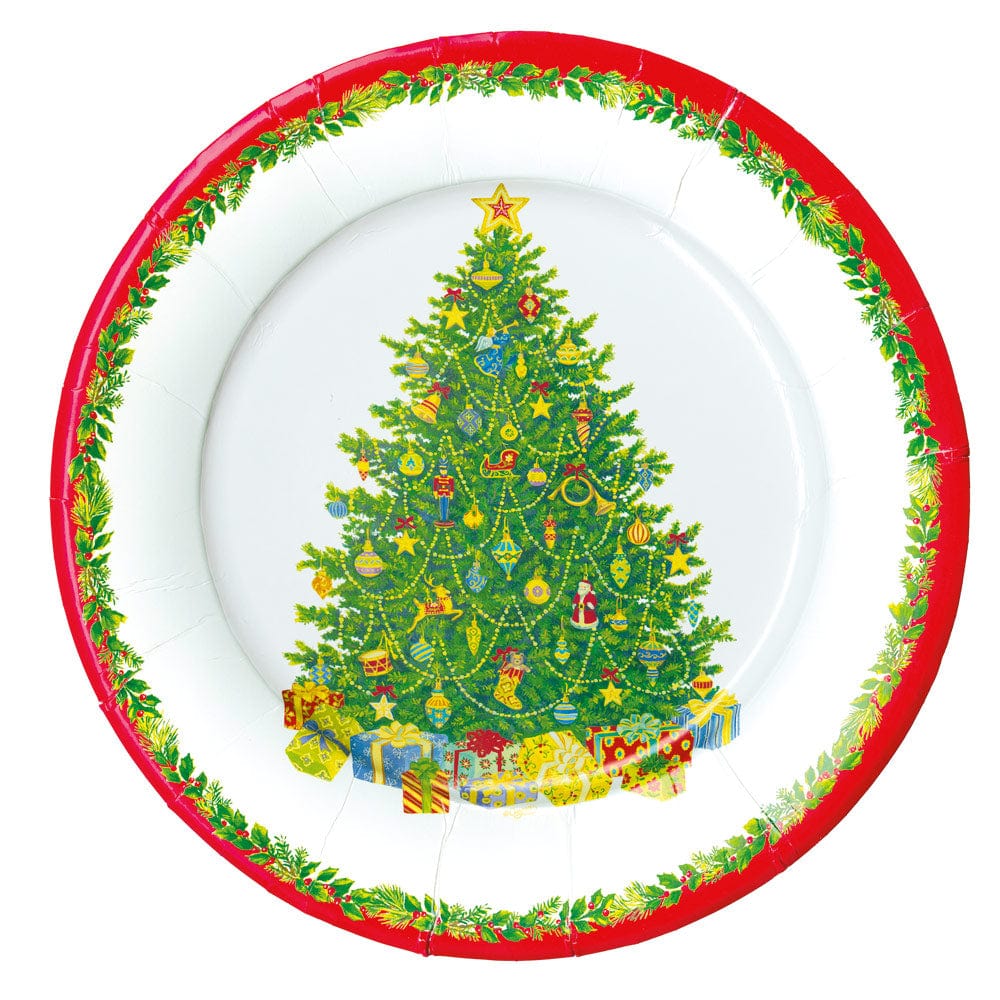 The Caspari Christmas Tree Collection features decorative paper plates with a festive tree, ornaments, gifts, holly border, and red rim—perfect for stylish holiday entertaining.