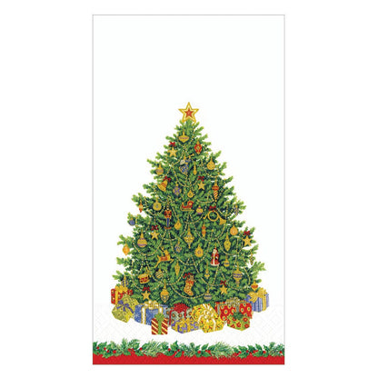 Caspari’s Christmas Tree Collection features a festive tree with a star and ornaments, surrounded by gifts on a white background with a red and green border, highlighting the brand’s signature holiday design.