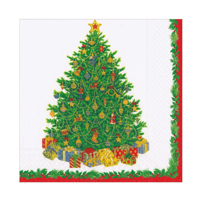 The Christmas Tree Collection by Caspari features a decorated tree with ornaments and a star, wrapped presents, festive green and red gift supplies, and an exceptional design border.