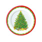 The Caspari Christmas Tree Collection paper plate features a red and green border framing a tree with gifts underneath—ideal for holiday gatherings and festive gift supplies.