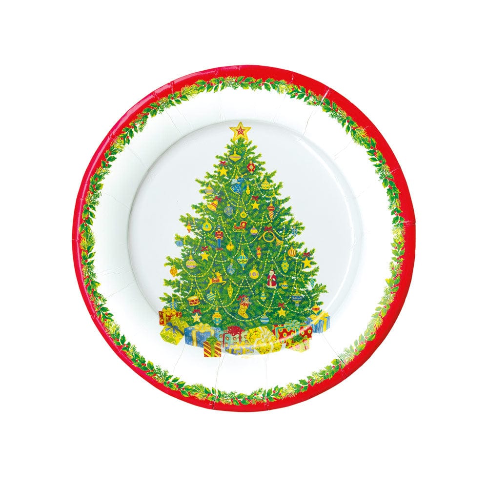 The Caspari Christmas Tree Collection paper plate features a red and green border framing a tree with gifts underneath—ideal for holiday gatherings and festive gift supplies.