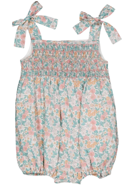 A Kidiwi Baby Francine Romper with bows in a coral and mint floral print.