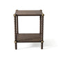 Square two-tier rustic oak Julian Chichester Bobbin Side Table with bobbin legs and metal corner accents.