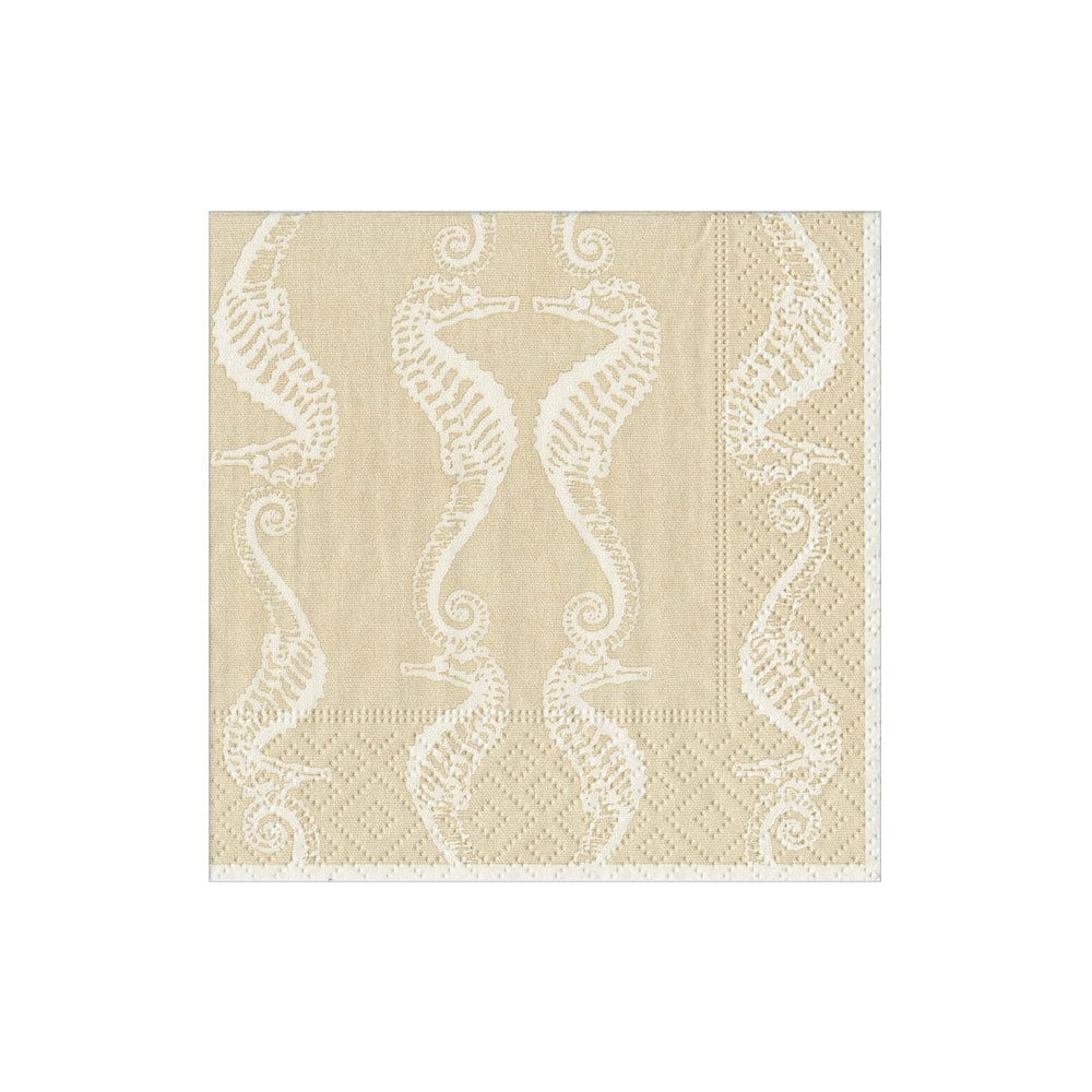 The Seahorses Collection by Caspari features beige triple-ply napkins with a repeating white seahorse pattern and textured border, offering style and durability.