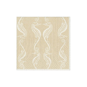 The Seahorses Collection by Caspari features beige triple-ply napkins with a repeating white seahorse pattern and textured border, offering style and durability.