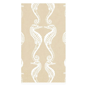The Caspari Seahorses Collection features beige triple-ply napkins with a white repeating seahorse design, pairs facing each other vertically. Eco-friendly and stylish, they bring charm to any table setting.