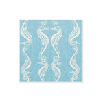 Caspari’s Seahorses Collection features blue, eco-friendly napkins with a repeating white seahorse pattern. Biodegradable and stylish, they add coastal charm to any table setting.