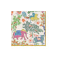 Colorful illustration of animals like elephant, deer, camel, and birds among trees decorates the Caspari Le Jardin De Mysore Napkin Collection—vibrant triple-ply napkins ideal for any occasion.