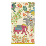 Add elegance to any occasion with Caspari's Le Jardin De Mysore Napkin Collection, featuring elephants, peacocks, and birds among flowers on a patterned background. These designer triple-ply napkins blend vibrant style with quality.