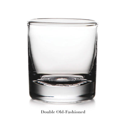 A clear, empty double old-fashioned glass from the Simon Pearce Ascutney Drinkware Collection is displayed against a white background with "Double Old-Fashioned" below it—an elegant example of handmade barware.