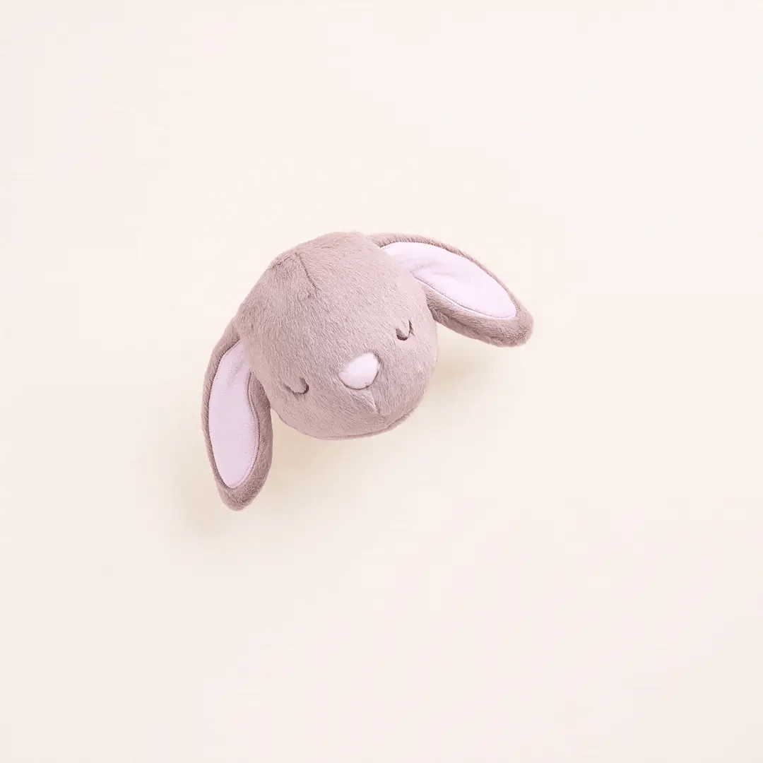 The Foggy Dog Easter Bunny 2-in-1 Bounce Dog Toy, featuring closed eyes and two floppy ears, rests on a plain light background.