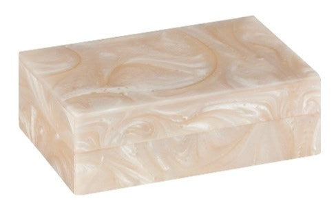 The Perlas Swirl Box, Small by Currey and Company is a rectangular beige marble box with swirled patterns, reminiscent of elegant designs from the Kips Bay Show House.