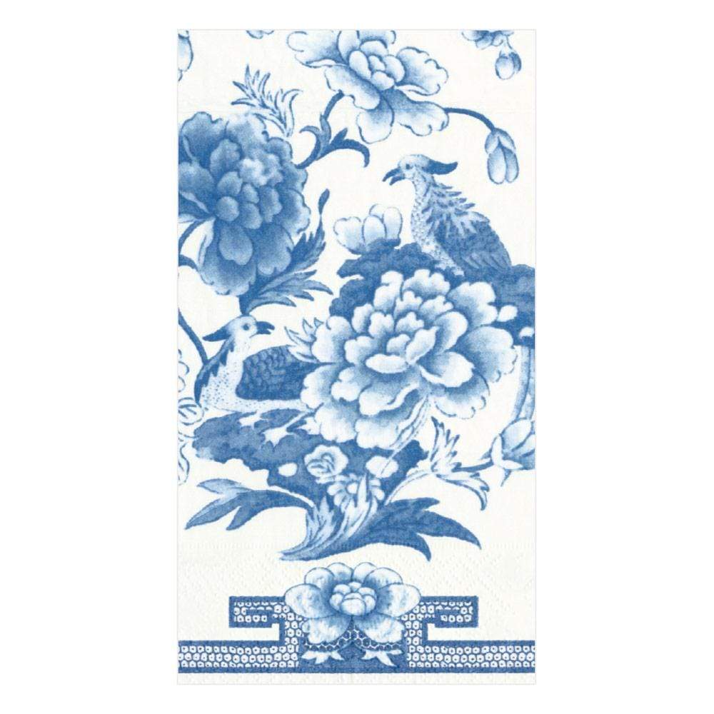 The Chinoiserie Collection by Caspari features blue and white bird and floral designs with a decorative border, inspired by classic porcelain, printed on eco-friendly napkins—ideal for elegant, sustainable entertaining.