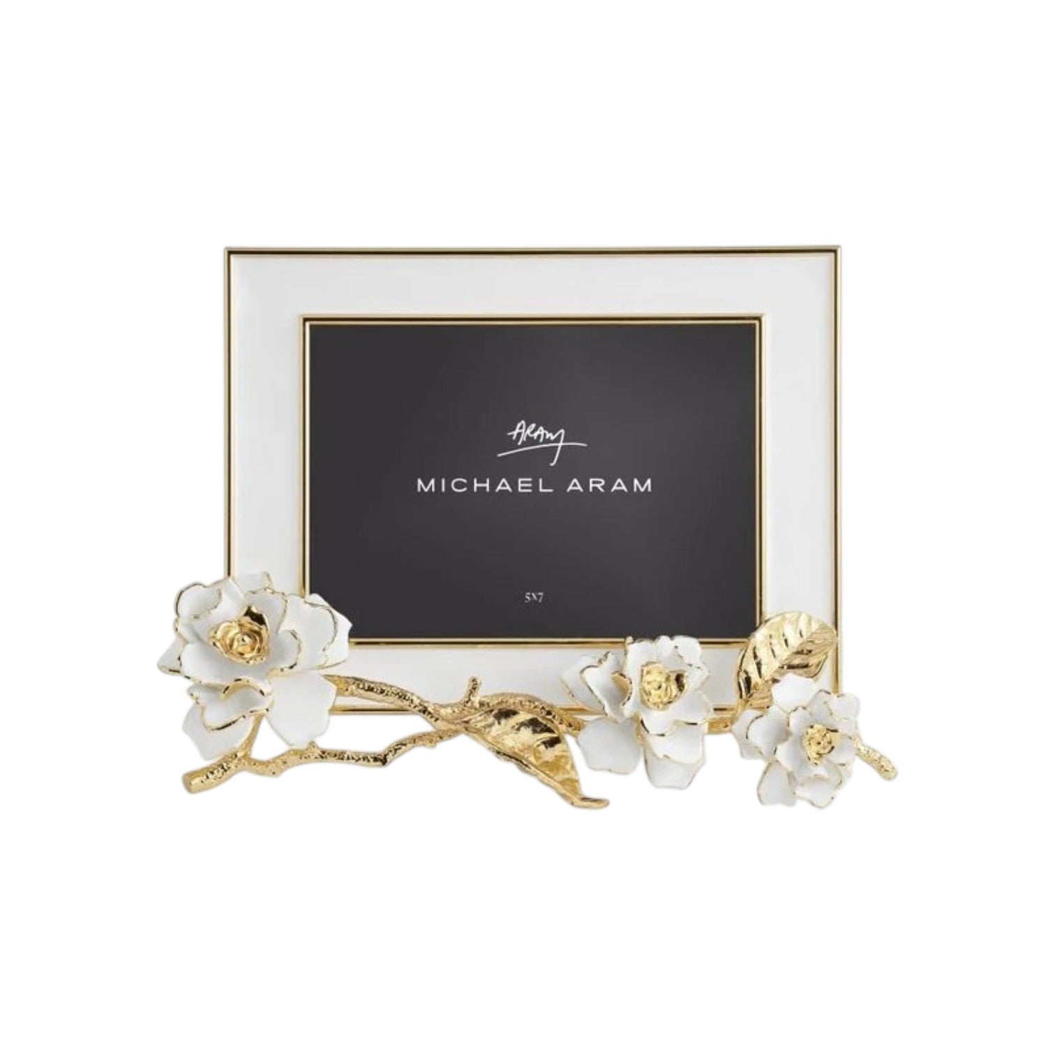 Rectangular photo frame from the Gardenia Collection by Michael Aram, featuring gold forged leaves and white hand-enameled flowers along the bottom and left side.