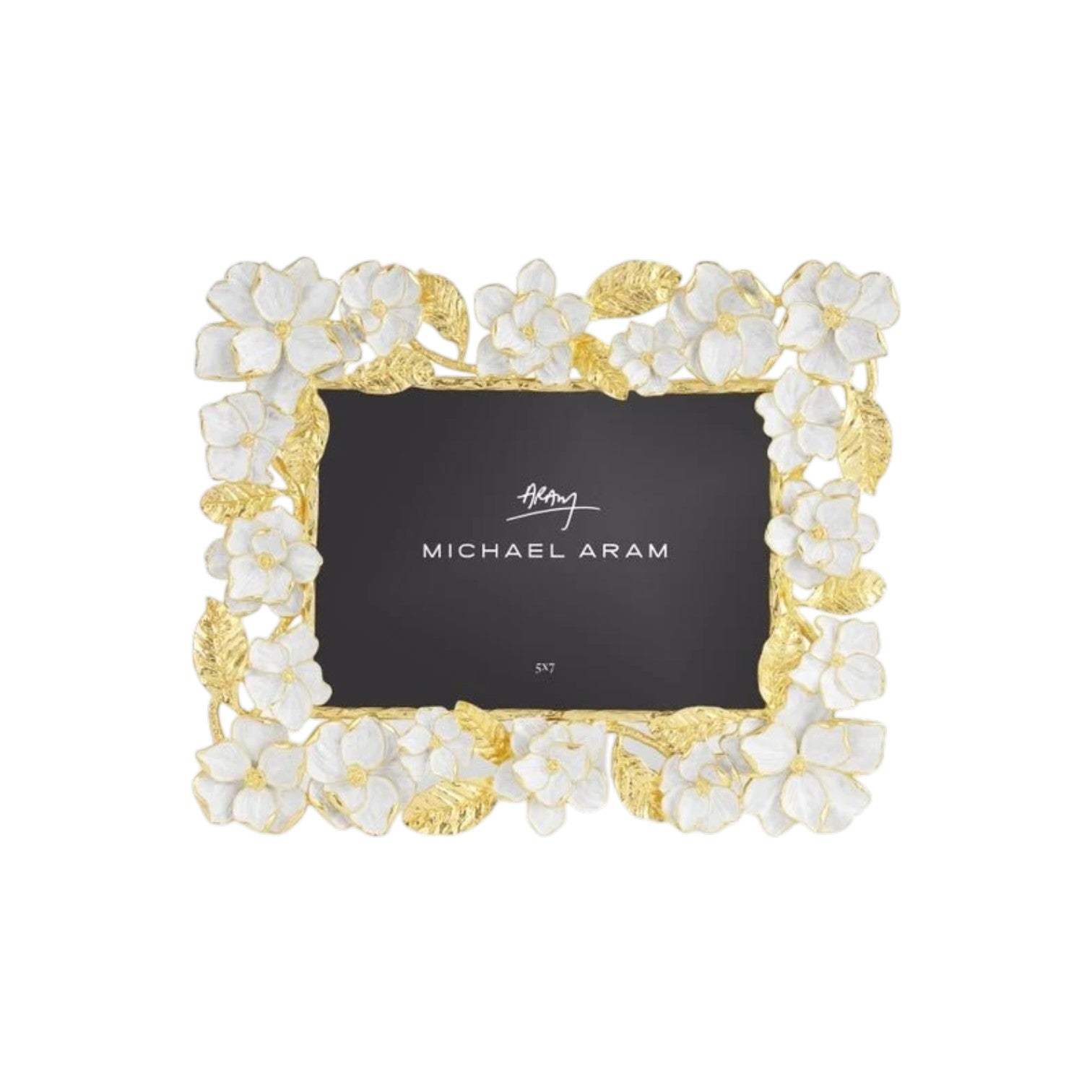 A rectangular picture frame from the Gardenia Collection by Michael Aram, featuring gold and white floral accents with gold forged leaves and a "Michael Aram" placeholder card.