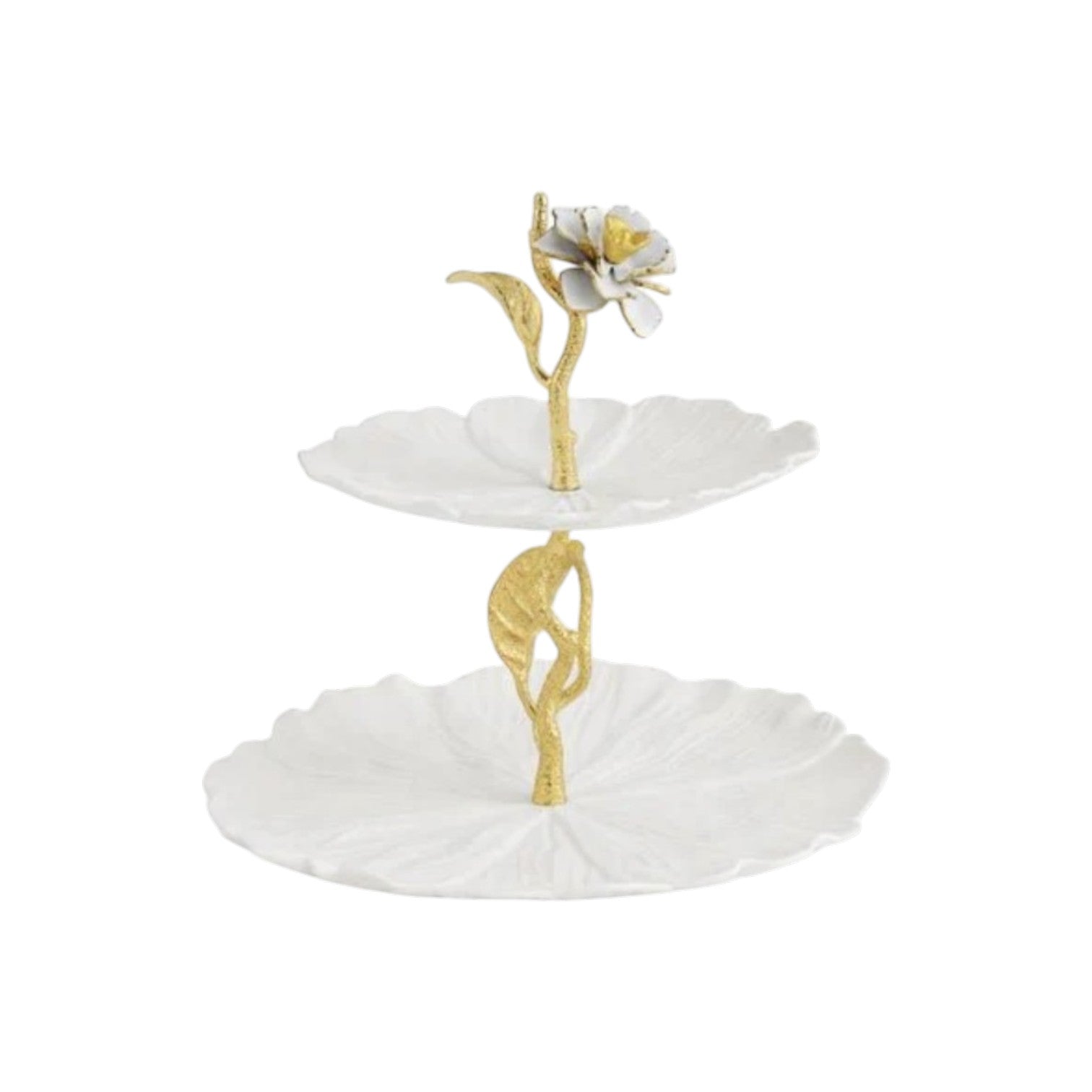 The Michael Aram Gardenia Collection features a two-tiered white ceramic serving tray with petal-shaped plates, gold stems, forged gold leaves, and a decorative flower on top.