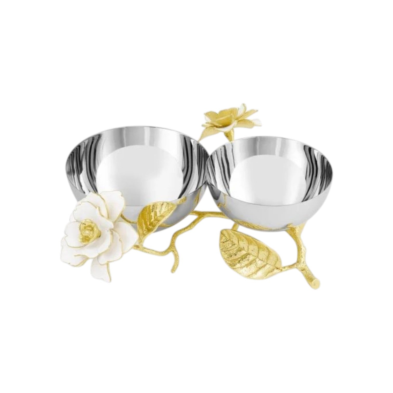 From Michael Aram's Gardenia Collection, two metallic bowls sit on a gold-colored stand, embellished with gold forged leaves and white and gold hand-enameled gardenia-inspired flowers.