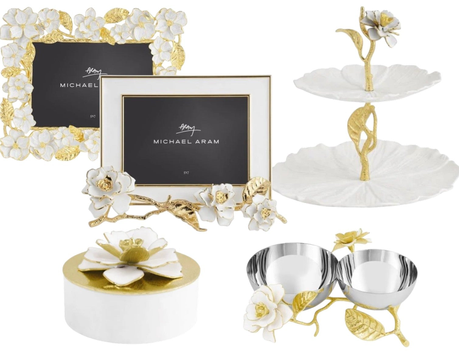 The Michael Aram Gardenia Collection features hand-enameled flowers and gold-forged leaves, with items like picture frames, a tiered tray, lidded box, and double bowl set for elegant home decor.