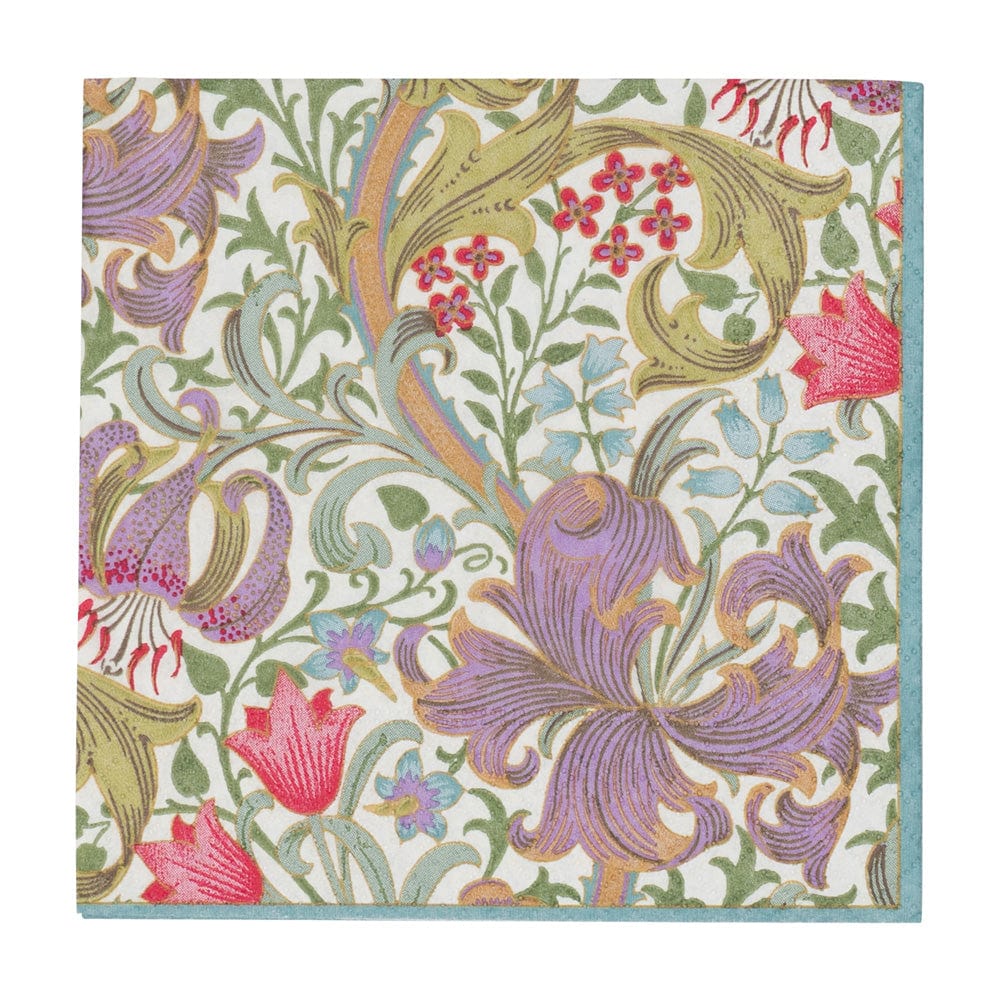 From Caspari’s Golden Lily Collection, a square triple-ply napkin showcases purple, red, and pink flowers with green leaves on white, finished with a thin blue border.