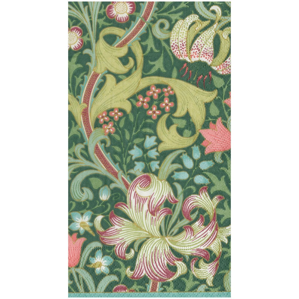 The Golden Lily Collection napkins by Caspari feature a green patterned textile with ornate pink, cream, and yellow floral and leaf designs. These eco-friendly, triple-ply napkins offer elegant detailing throughout.