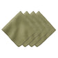 Four olive green napkins from Juliska’s Berry Scallop Napkin & Tablecloth Collection are arranged in a staggered stack, each showcasing delicate scalloped edges and visible stitching.