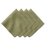 Four olive green napkins from Juliska’s Berry Scallop Napkin & Tablecloth Collection are arranged in a staggered stack, each showcasing delicate scalloped edges and visible stitching.