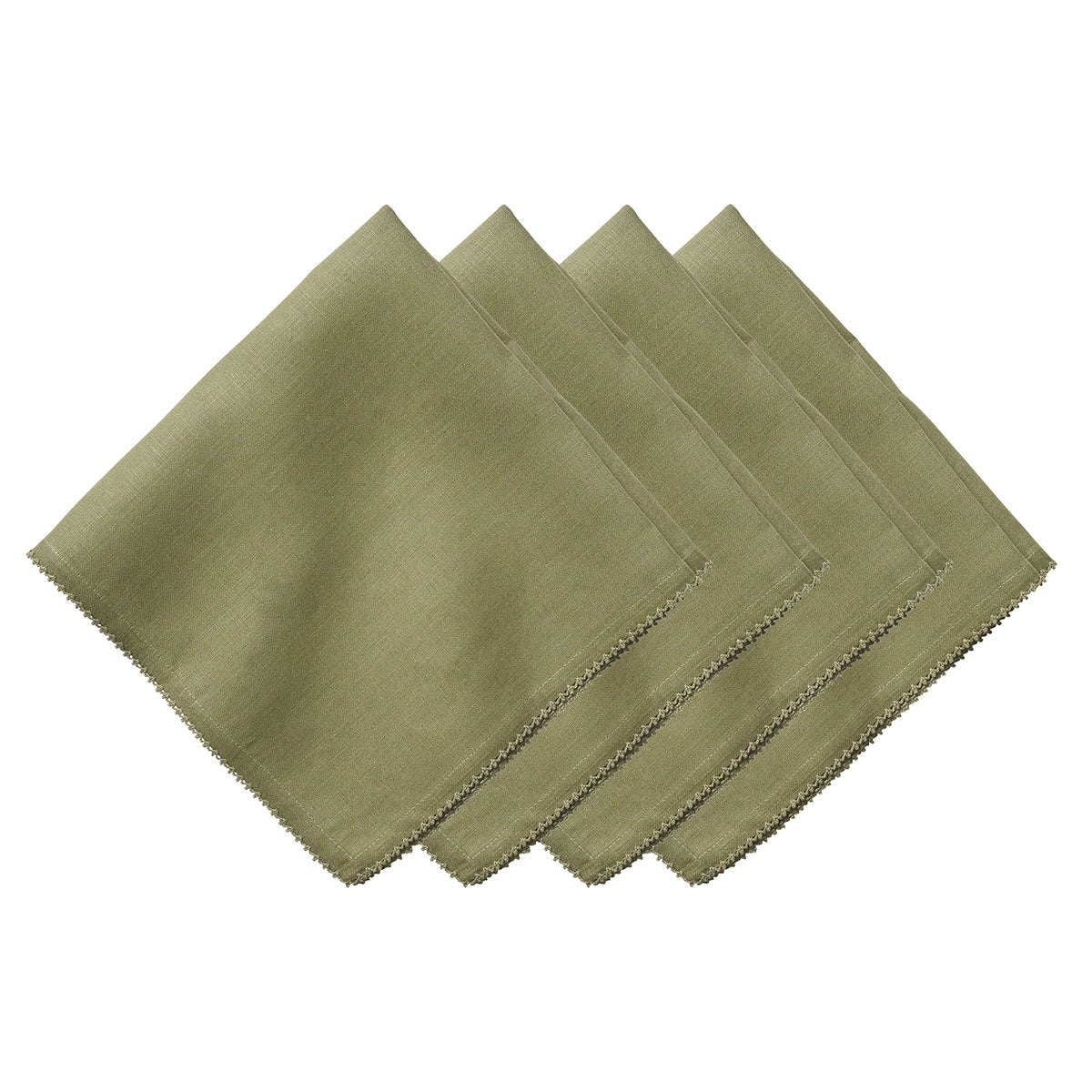 Four olive green napkins from Juliska’s Berry Scallop Napkin & Tablecloth Collection are arranged in a staggered stack, each showcasing delicate scalloped edges and visible stitching.