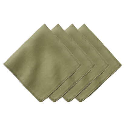 Four olive green napkins from Juliska’s Berry Scallop Napkin & Tablecloth Collection are arranged in a staggered stack, each showcasing delicate scalloped edges and visible stitching.