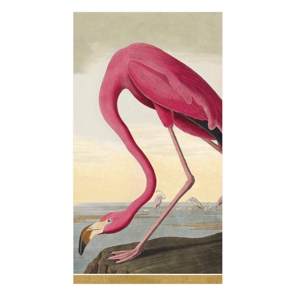 Illustration of a pink flamingo bending its neck, set by water with distant flamingos—featured in Caspari’s Audubon Birds Collection. These eco-friendly napkins add natural beauty to your table.