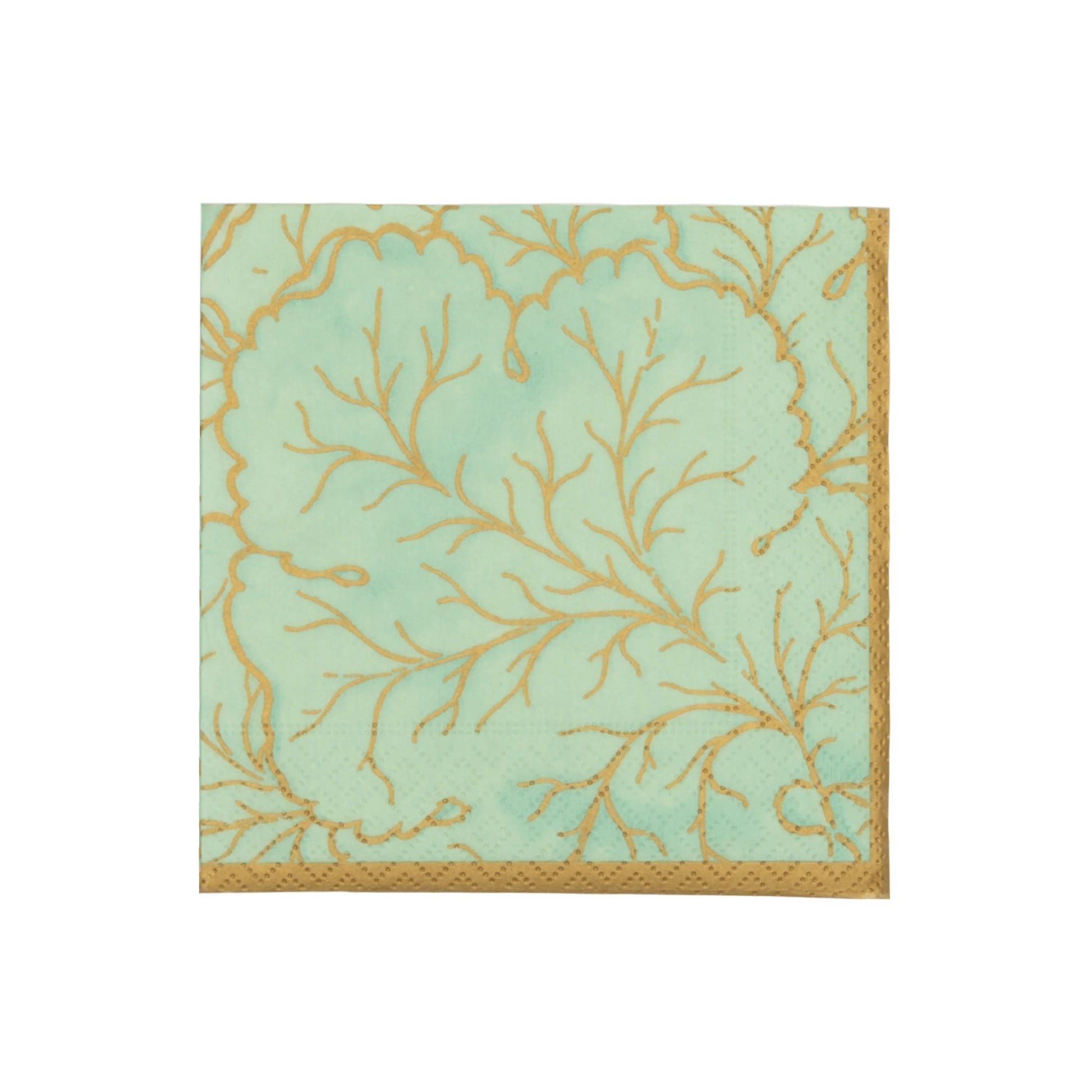 The Gilded Majolica Celadon Collection by Caspari features square paper napkins with a light green background, gold leafy pattern, and gold border—an elegant match for your disposable tableware at any stylish gathering.