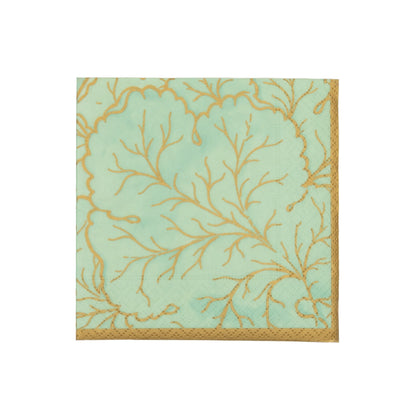 The Gilded Majolica Celadon Collection by Caspari features square paper napkins with a light green background, gold leafy pattern, and gold border—an elegant match for your disposable tableware at any stylish gathering.