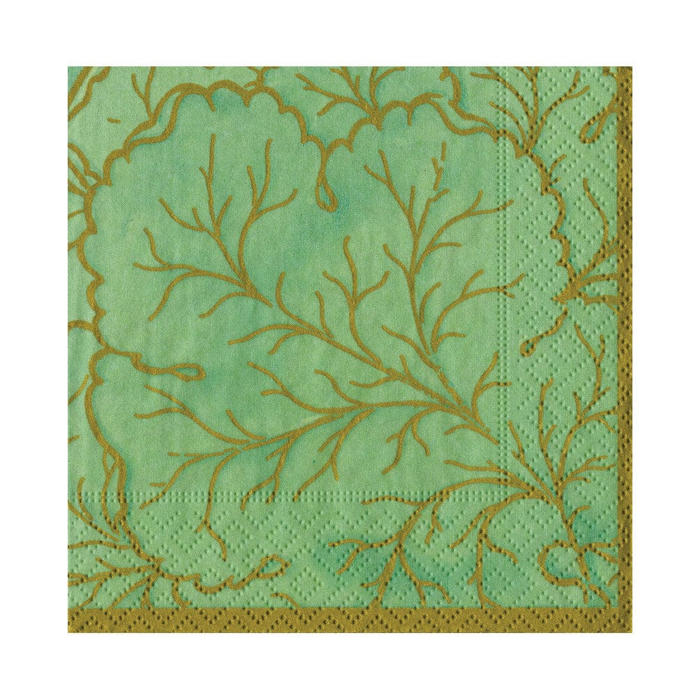 The Caspari Gilded Majolica Celadon Collection features green paper napkins with an embossed gold coral branch pattern and dotted border, ideal for pairing with disposable tableware or elegant paper plates.