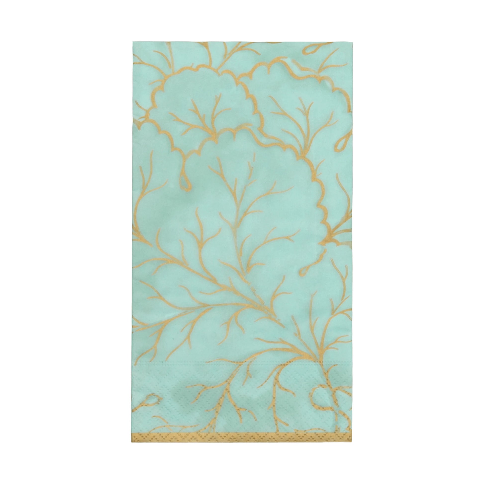 The Gilded Majolica Saltwater Collection napkin by Caspari features a light blue rectangular design with a gold branch pattern and textured gold border, ideal for pairing with decorative paper plates at your next gathering.