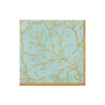 The Gilded Majolica Saltwater Collection napkin by Caspari features a square aqua design with a gold border and coral-inspired pattern, pairing beautifully with decorative plates to enhance your disposable tableware.