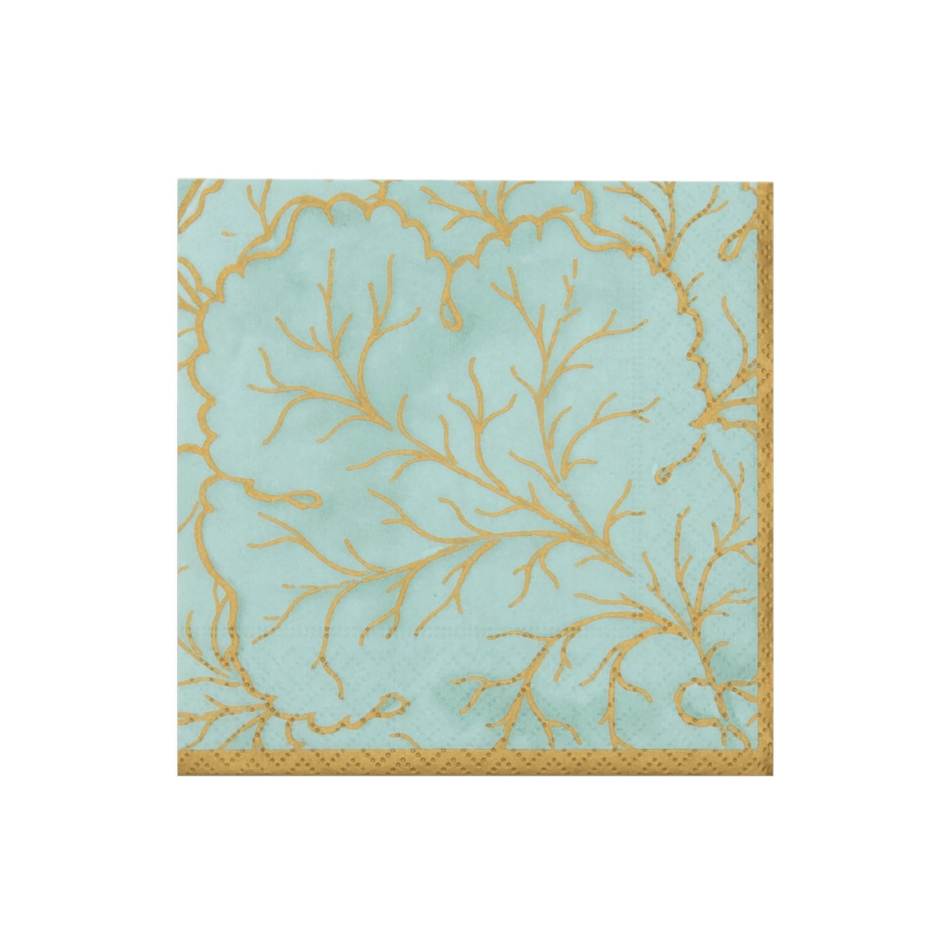 The Gilded Majolica Saltwater Collection napkin by Caspari features a square aqua design with a gold border and coral-inspired pattern, pairing beautifully with decorative plates to enhance your disposable tableware.