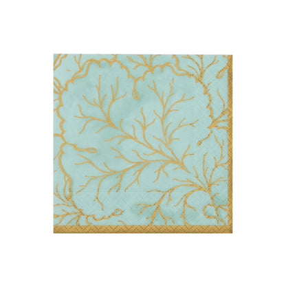 The Gilded Majolica Saltwater Collection napkin by Caspari features a square aqua design with a gold border and coral-inspired pattern, pairing beautifully with decorative plates to enhance your disposable tableware.