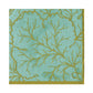 The Caspari Gilded Majolica Saltwater Collection turquoise paper napkin, featuring gold leafy branch patterns and a gold border, pairs perfectly with decorative plates for an elegant disposable table setting.
