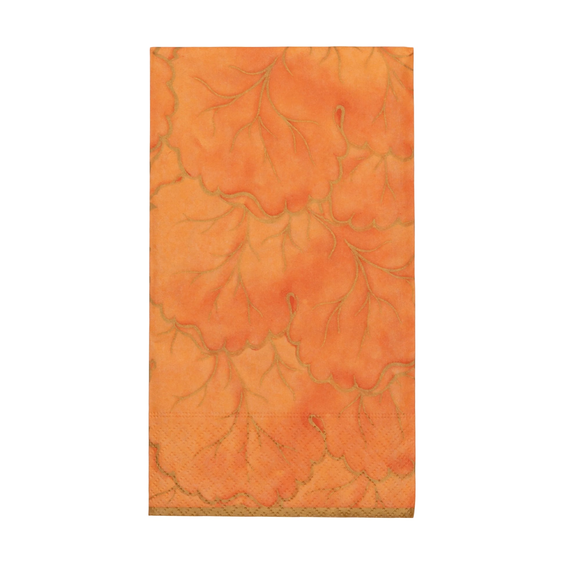 Caspari’s Gilded Majolica Coral Collection paper napkin features an embossed fall leaf pattern and is shown folded on a white background—a stylish touch for your disposable tableware or paper dinnerware set.