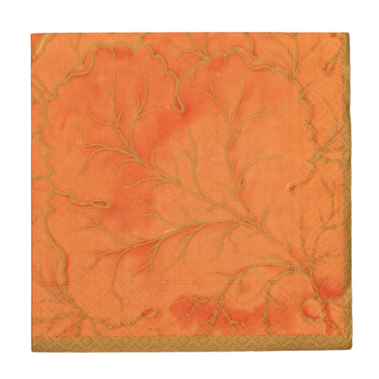 The Caspari Gilded Majolica Coral Collection square orange napkin features a textured leaf and branch pattern with a gold edge—perfect for pairing with decorative paper plates for coordinated disposable tableware.