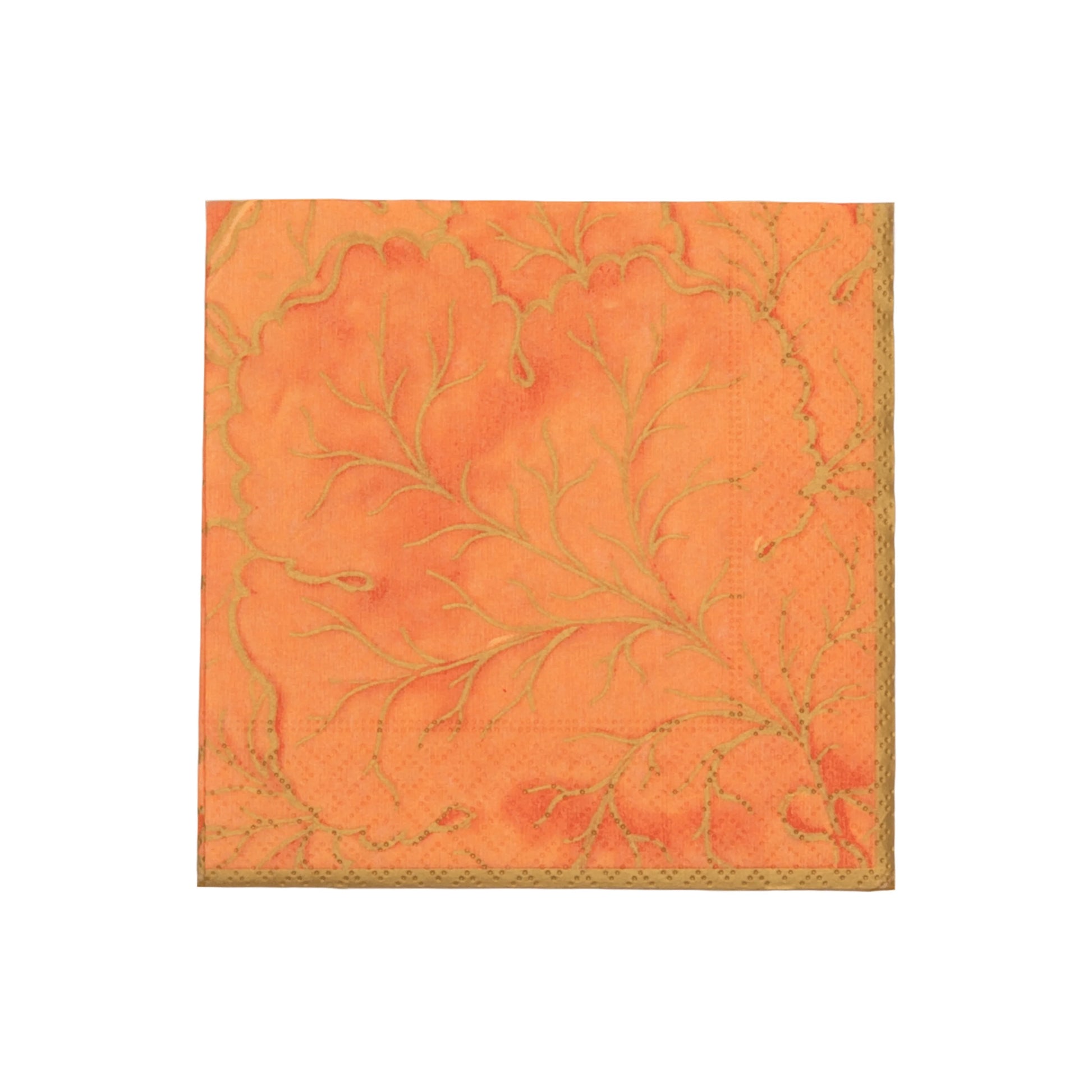 Gilded Majolica Coral Collection orange paper napkin by Caspari, featuring an embossed decorative leaf and vine pattern, offers stylish disposable tableware for any occasion. Set against a white background.