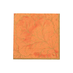 Gilded Majolica Coral Collection orange paper napkin by Caspari, featuring an embossed decorative leaf and vine pattern, offers stylish disposable tableware for any occasion. Set against a white background.