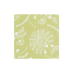The Caspari Trailing Floral Pale Green Collection features biodegradable green napkins with a white floral and leaf pattern, ideal for eco-friendly gatherings.