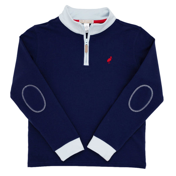 The Beaufort Bonnet Company Boys' Hayword Half-Zip is a dark blue long-sleeve pullover with a white collar, quarter-zip front, and white cuffs. Made from 100% cotton, it features oval elbow patches and a small red embroidered emblem on the left chest.