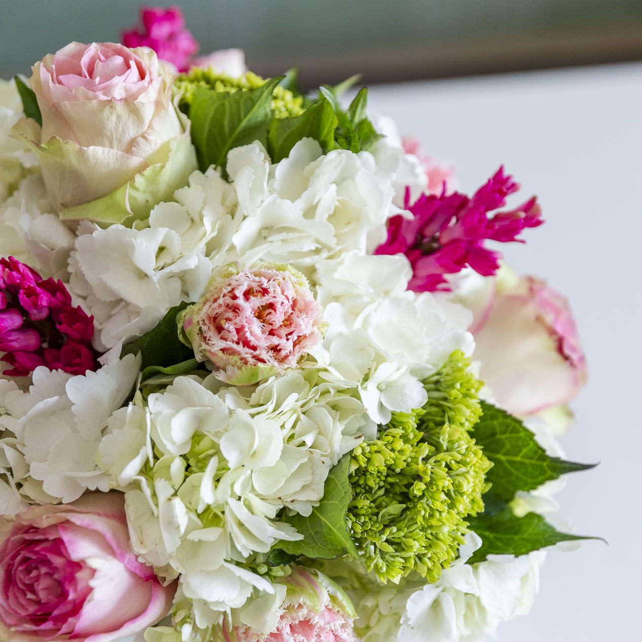 The Live Mother's Day Floral Arrangement by Hive Floral Studio features white hydrangeas, pink roses, green viburnum, and magenta blooms—creating a vibrant bouquet perfect for celebrating mom.