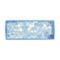 The Caspari Blue Pagoda Lacquer Bar Tray features a chinoiserie pattern with a pagoda, plants, and a fence. Handmade in Vietnam, this rectangular blue and white tray is perfect for elevating your table setting.