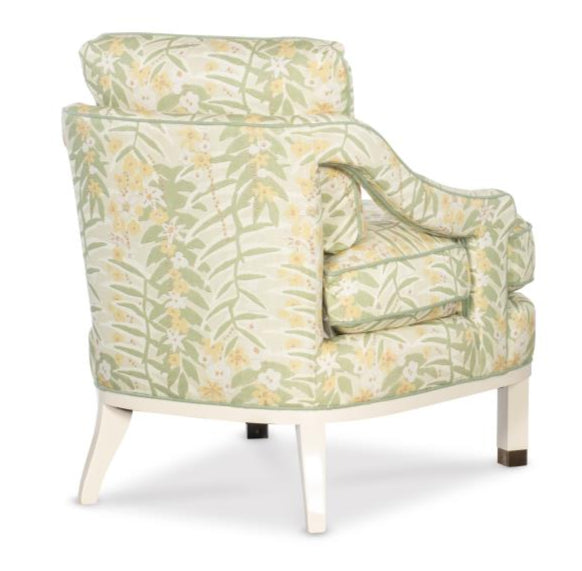 The Highland House Atchison Slipper Chair features pale green and white Botanical Citron floral upholstery, shown from the back with smooth-finished white wooden legs.