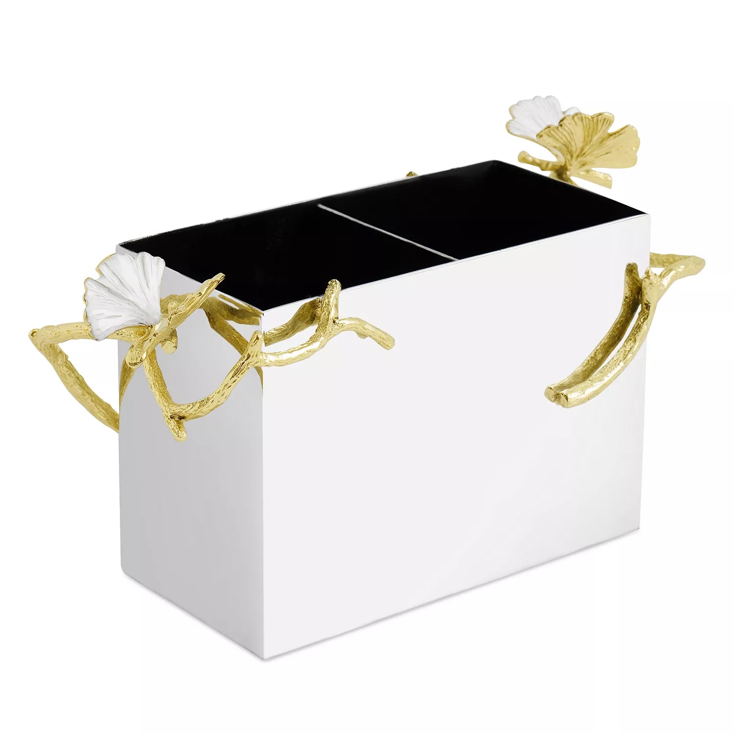 The Michael Aram Butterfly Gingko Gold Cutlery Holder is a rectangular, white organizer with two compartments, featuring gold and white branch, leaf, and butterfly details on the sides.